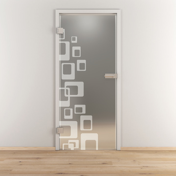 Ambientebild in Wohnraumsituation illustriert die Novadoors Glasdrehtür NOVA 608 in der Ausführung ESG BASIC GREEN matt