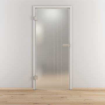 Ambientebild in Wohnraumsituation illustriert die Diamond Doors Glasdrehtür DD 596 in der Ausführung ESG BASIC GREEN matt
