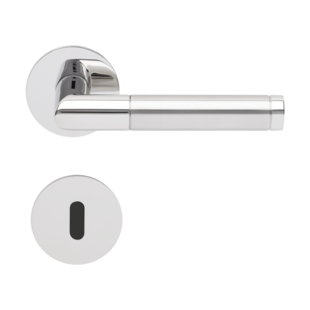 Die Abbildung zeigt die Diamond Doors Türgriffgarnitur OREGON in der Ausführung mit Rosetten rund Buntbart Silhouette Edelstahl poliert-matt