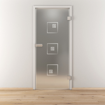 Ambientebild in Wohnraumsituation illustriert die Novadoors Glasdrehtür NOVA 587 in der Ausführung ESG BASIC GREEN matt