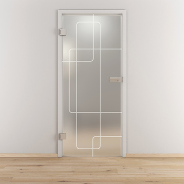 Ambientebild in Wohnraumsituation illustriert die Novadoors Glasdrehtür NOVA 553 in der Ausführung ESG BASIC GREEN matt