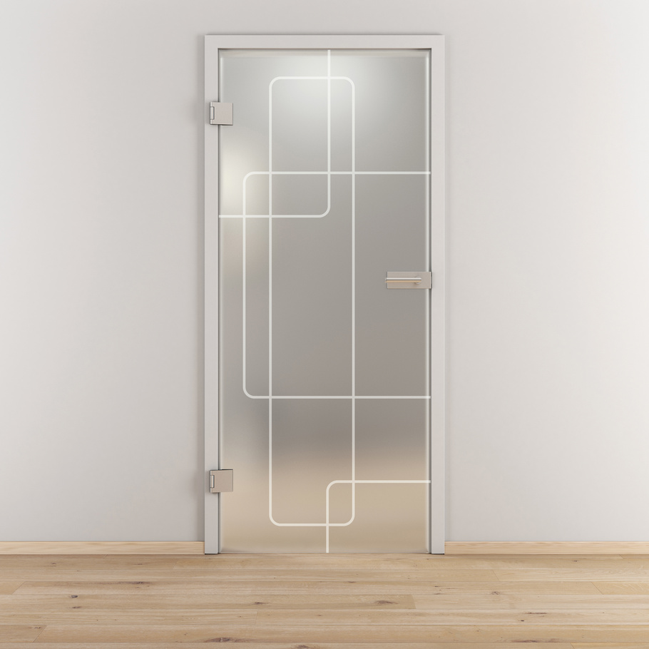 Ambientebild in Wohnraumsituation illustriert die Novadoors Glasdrehtür NOVA 553 in der Ausführung ESG BASIC GREEN matt