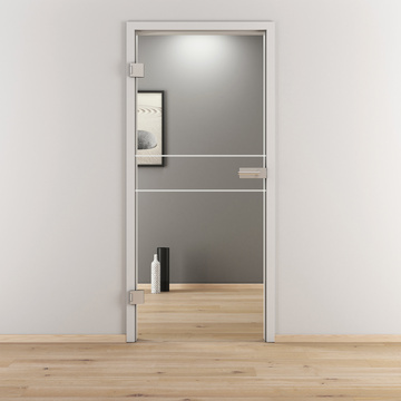Ambientebild in Wohnraumsituation illustriert die Novadoors Glasdrehtür NOVA 589 in der Ausführung ESG BASIC GREEN klar