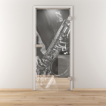 Ambientebild in Wohnraumsituation illustriert die Novadoors Glasdrehtür NOVA 617 in der Ausführung ESG BASIC GREEN klar