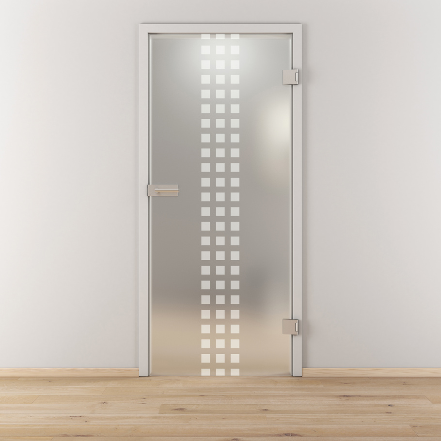 Ambientebild in Wohnraumsituation illustriert die Novadoors Glasdrehtür NOVA 502 in der Ausführung ESG BASIC GREEN matt
