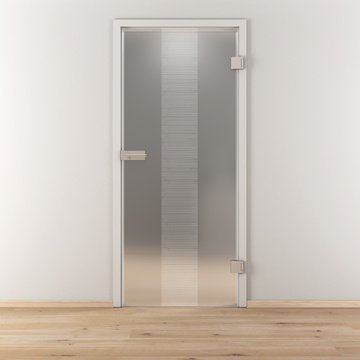 Ambientebild in Wohnraumsituation illustriert die Novadoors Glasdrehtür NOVA 557 in der Ausführung ESG BASIC GREEN matt