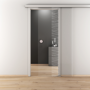Ambientebild in Wohnraumsituation illustriert die Novadoors Glasschiebetür NOVA 549 in der Ausführung ESG BASIC GREEN klar