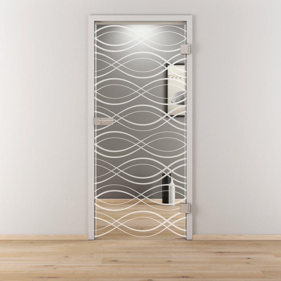 Ambientebild in Wohnraumsituation illustriert die Diamond Doors Glasdrehtür DD 542 in der Ausführung ESG BASIC GREEN klar