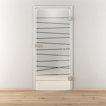 Ambientebild in Wohnraumsituation illustriert die Diamond Doors Glasdrehtür DD 514 in der Ausführung ESG BASIC GREEN matt