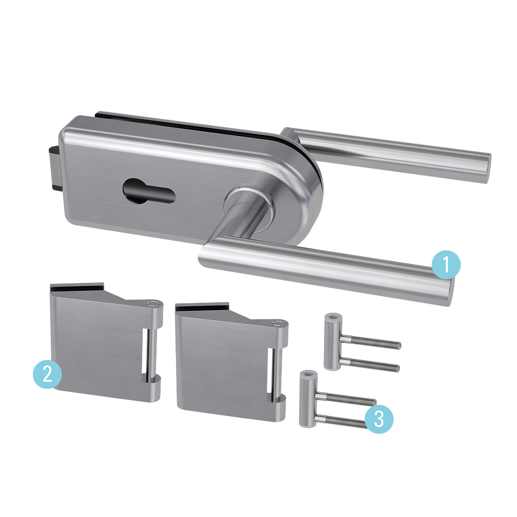 Glastürbeschlagset SKY Profilzylinder Flüster 3-tlg. Bänder L-FORM Edelstahl-Optik matt