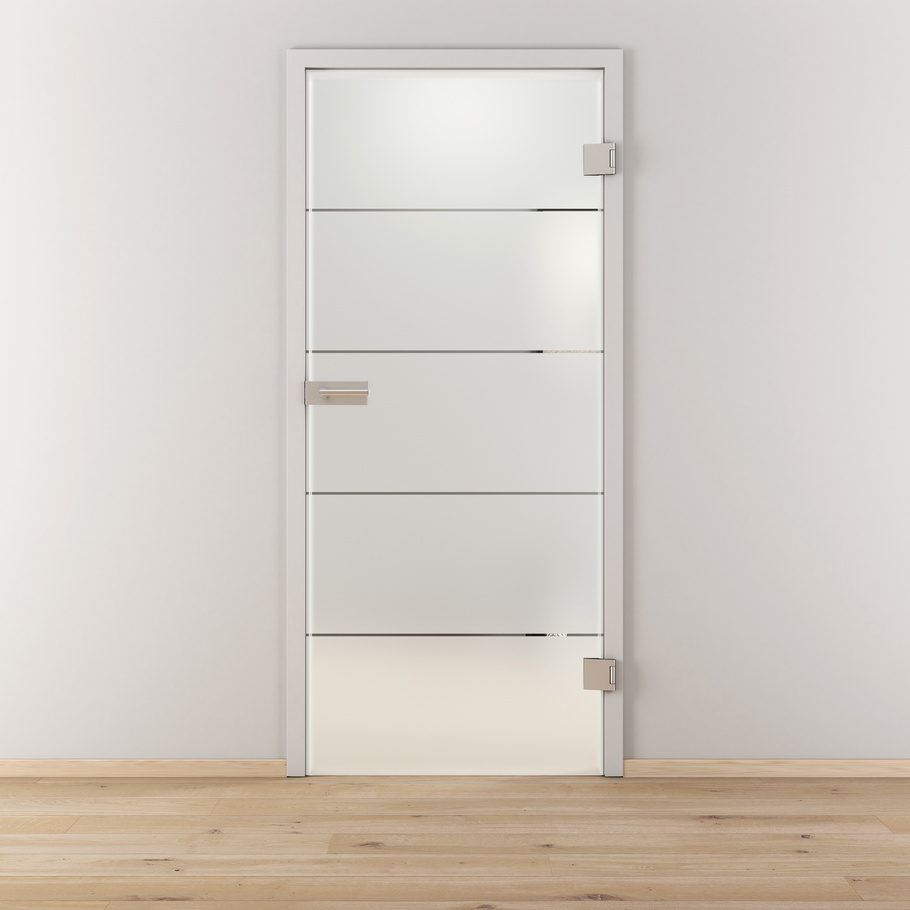 Ambientebild in Wohnraumsituation illustriert die Diamond Doors Glasdrehtür LINES POSITIV in der Ausführung ESG BASIC GREEN teilmattiert