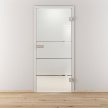 Ambientebild in Wohnraumsituation illustriert die Diamond Doors Glasdrehtür LINES POSITIV in der Ausführung ESG BASIC GREEN teilmattiert