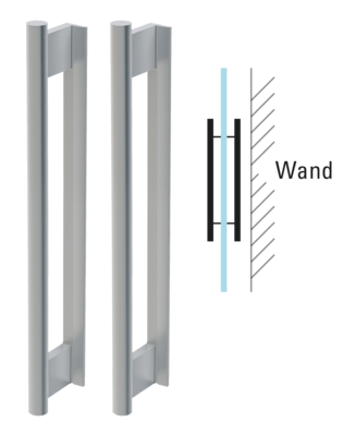 Die Grafik zeigt ein Diamond Doors Griffstangenpaar montiert auf einer Glastür