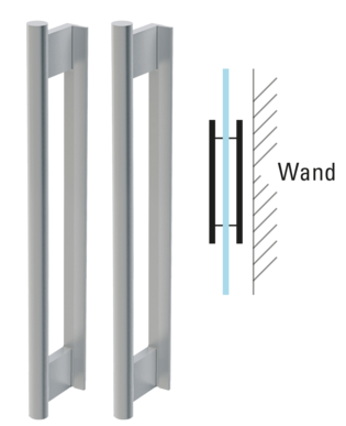 Die Grafik zeigt ein Diamond Doors Griffstangenpaar montiert auf einer Glastür