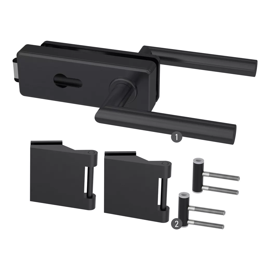 Glastürbeschlagset STYLE PREMIUM Profilzylinder Flüster 3-tlg. Bänder L-FORM schwarz Schwarz