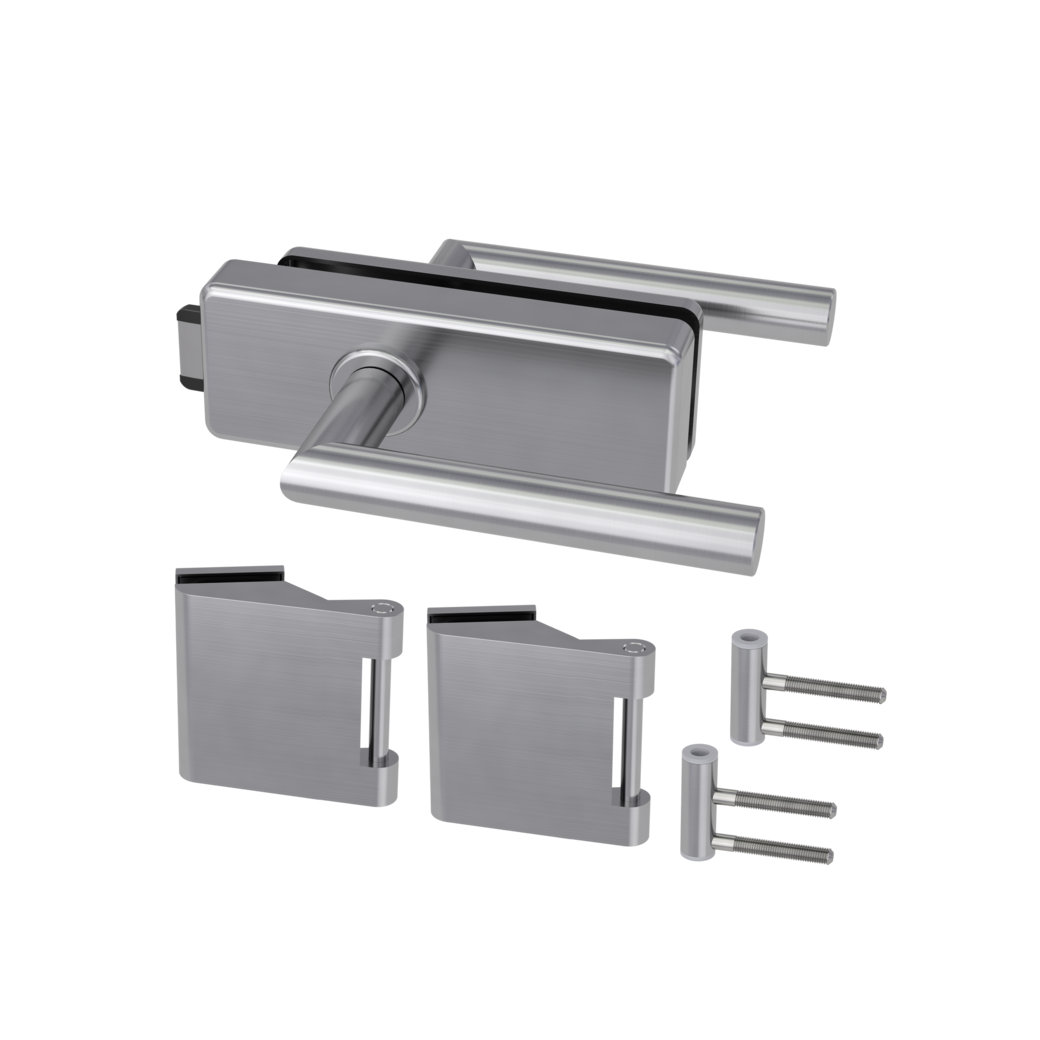Glastürbeschlagset STYLE PREMIUM unverschließbar Flüster 3-tlg. Bänder L-FORM Edelstahl-Optik matt