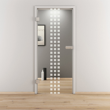 Ambientebild in Wohnraumsituation illustriert die Novadoors Glasdrehtür NOVA 502 in der Ausführung ESG BASIC GREEN klar