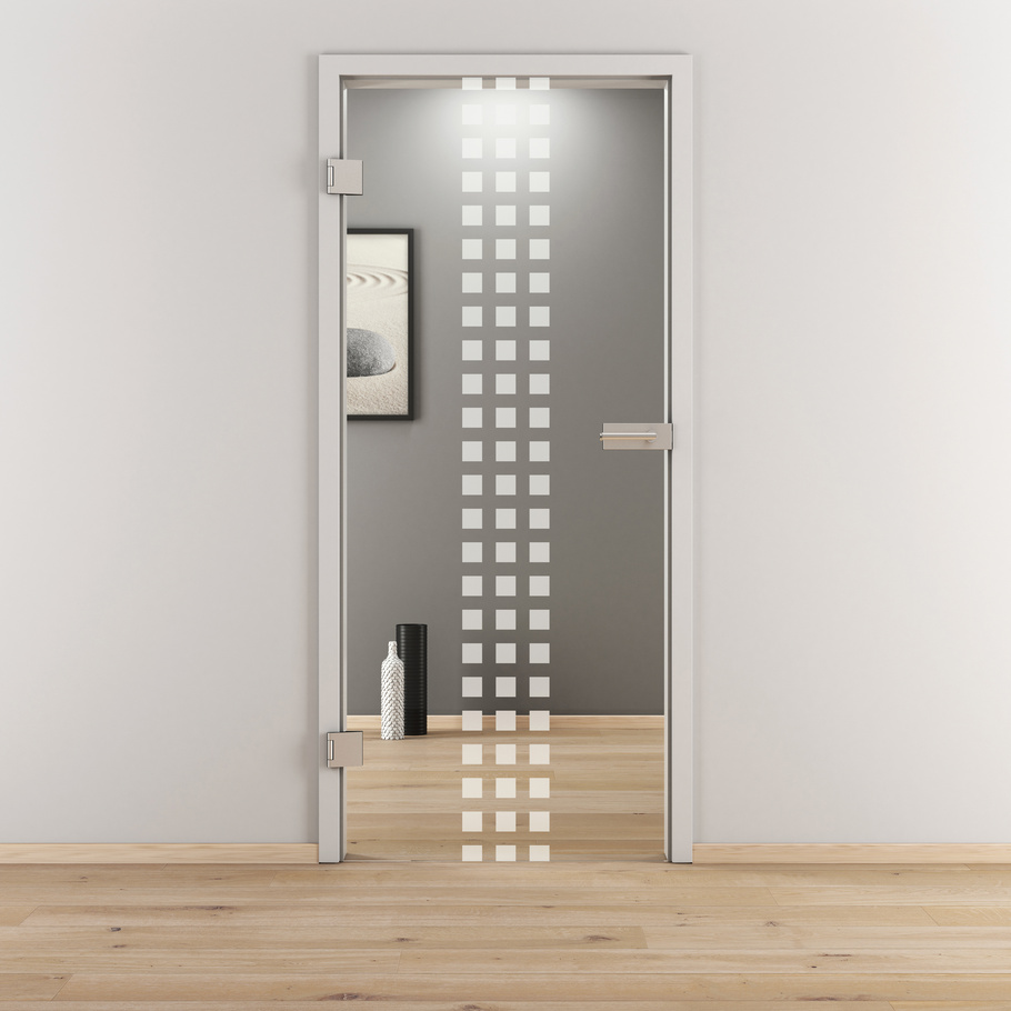 Ambientebild in Wohnraumsituation illustriert die Novadoors Glasdrehtür NOVA 502 in der Ausführung ESG BASIC GREEN klar
