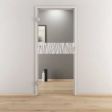 Ambientebild in Wohnraumsituation illustriert die Novadoors Glasdrehtür NOVA 546 in der Ausführung ESG BASIC GREEN klar