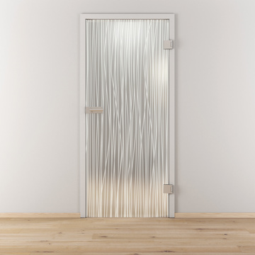 Ambientebild in Wohnraumsituation illustriert die Diamond Doors Glasdrehtür DD 551 in der Ausführung ESG BASIC GREEN matt