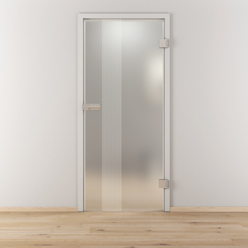 Ambientebild in Wohnraumsituation illustriert die Novadoors Glasdrehtür NOVA 594 in der Ausführung ESG BASIC GREEN matt