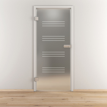 Ambientebild in Wohnraumsituation illustriert die Diamond Doors Glasdrehtür DD 590 in der Ausführung ESG BASIC GREEN matt