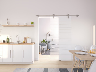 Die Abbildung zeigt eine Küche mit einer Diamond Doors Glasdrehtür