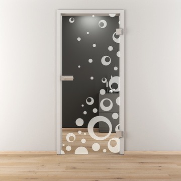 Ambientebild in Wohnraumsituation illustriert die Diamond Doors Glasdrehtür DD 506 in der Ausführung ESG BASIC GREEN klar