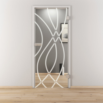 Ambientebild in Wohnraumsituation illustriert die Diamond Doors Glasdrehtür DD 541 in der Ausführung ESG BASIC GREEN klar