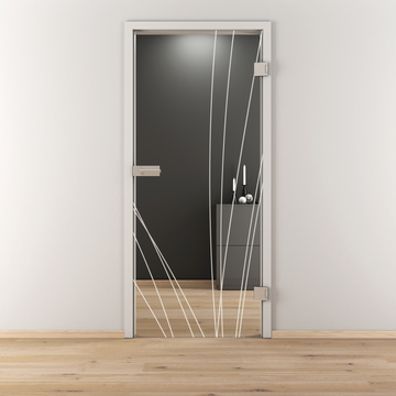 Ambientebild in Wohnraumsituation illustriert die Diamond Doors Glasdrehtür DD 559 in der Ausführung ESG BASIC GREEN klar