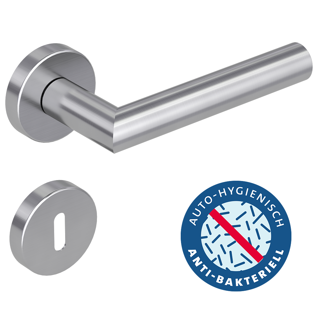 Türgriffgarnitur L-FORM PREMIUM Klipptechnik GK3 Rosetten rund Buntbart Edelstahl matt