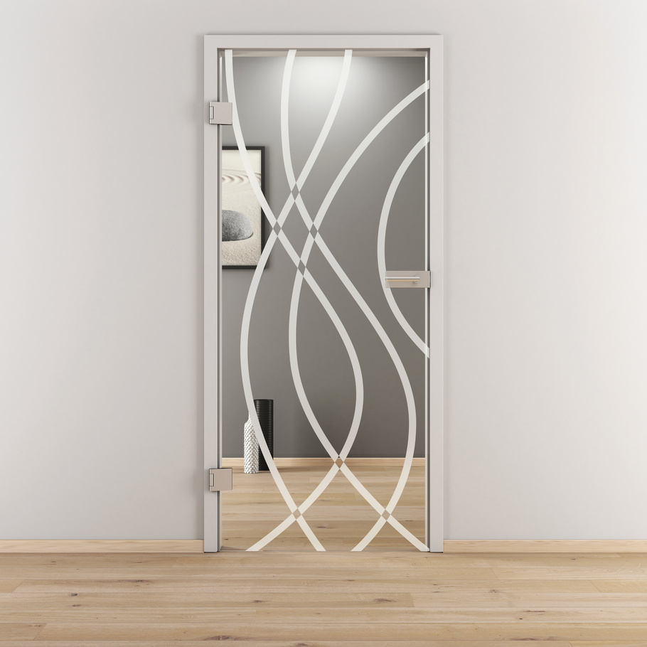 Ambientebild in Wohnraumsituation illustriert die Diamond Doors Glasdrehtür DD 541 in der Ausführung ESG BASIC GREEN klar
