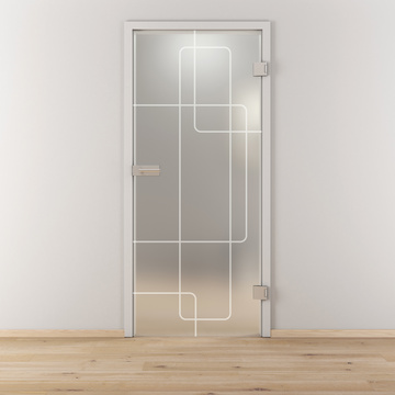 Ambientebild in Wohnraumsituation illustriert die Novadoors Glasdrehtür NOVA 553 in der Ausführung ESG BASIC GREEN matt