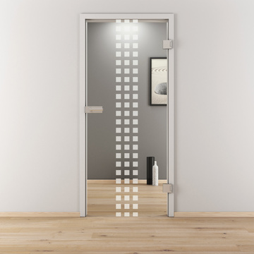 Ambientebild in Wohnraumsituation illustriert die Novadoors Glasdrehtür NOVA 502 in der Ausführung ESG BASIC GREEN klar