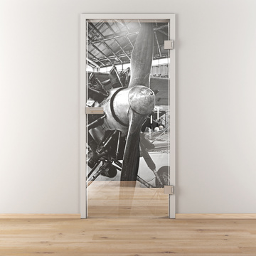 Ambientebild in Wohnraumsituation illustriert die Novadoors Glasdrehtür NOVA 619 in der Ausführung ESG BASIC GREEN klar