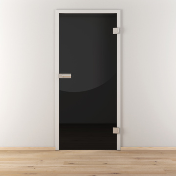 Ambientebild in Wohnraumsituation illustriert die Diamond Doors Glasdrehtür VSG BLACK 517 in der Ausführung VSG BASIC GREEN schwarz blickdicht