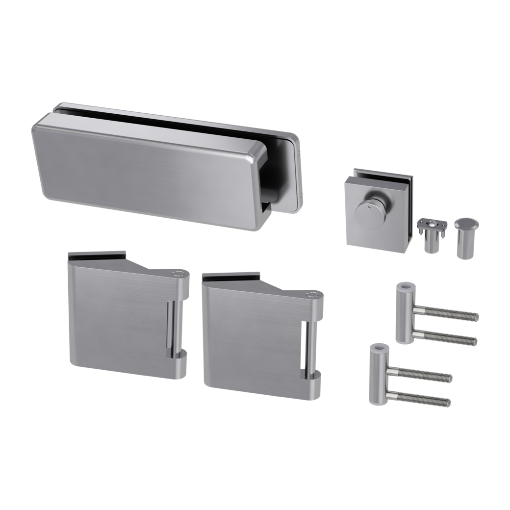 Gegenkasten Set STYLE PREMIUM inkl. Türschnäpper, Feststeller,  3tlg. Bänder Edelstahl-Optik matt