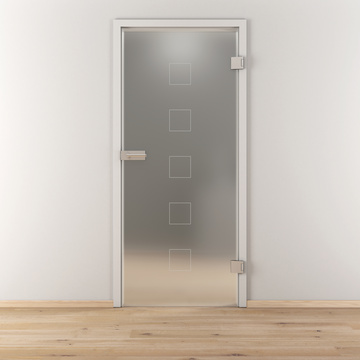 Ambientebild in Wohnraumsituation illustriert die Novadoors Glasdrehtür NOVA 505 in der Ausführung ESG BASIC GREEN matt