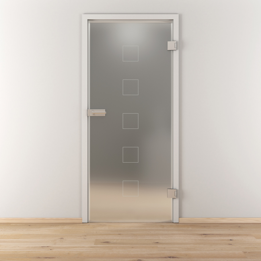 Ambientebild in Wohnraumsituation illustriert die Novadoors Glasdrehtür NOVA 505 in der Ausführung ESG BASIC GREEN matt